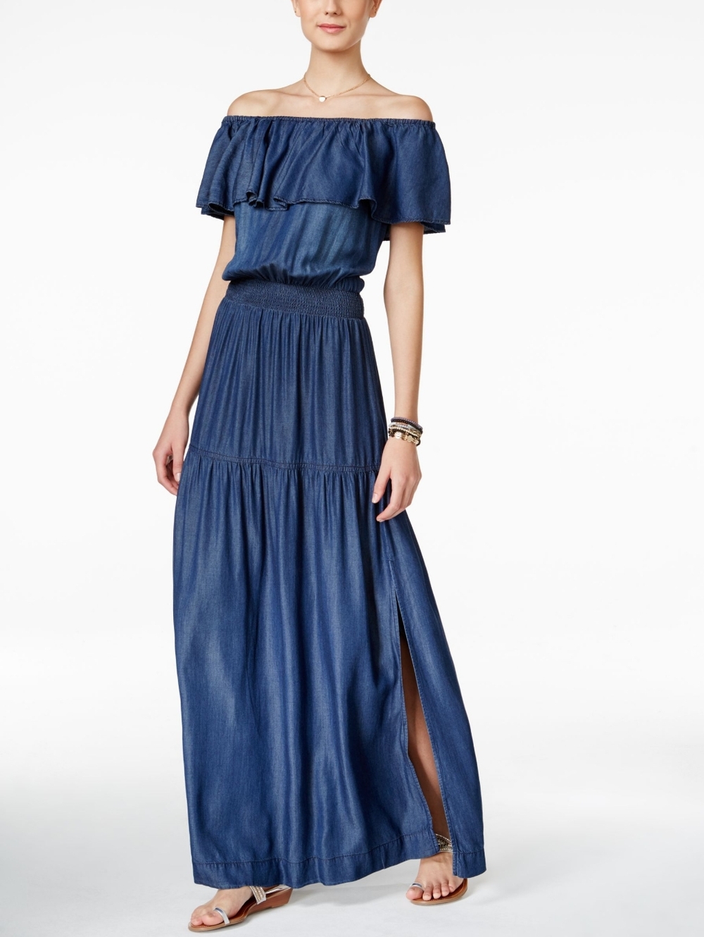 INC Ruffled Off-Should Maxi Denim Tiered Dress Rayon Blend (Summer 2025)